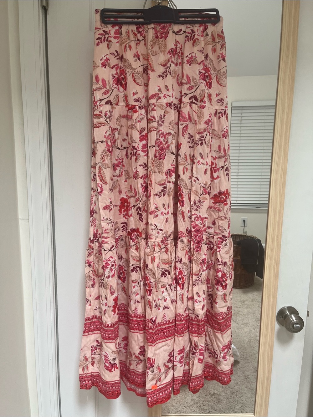 Blue Rain Floral Tiered Maxi Skirt in Blush Pink and Red